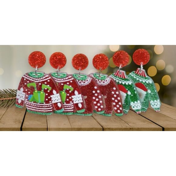 NWT 3 PC Set Of Glittery Fun Ugly Christmas Sweater Dangle Earrings - Picture 5 of 8